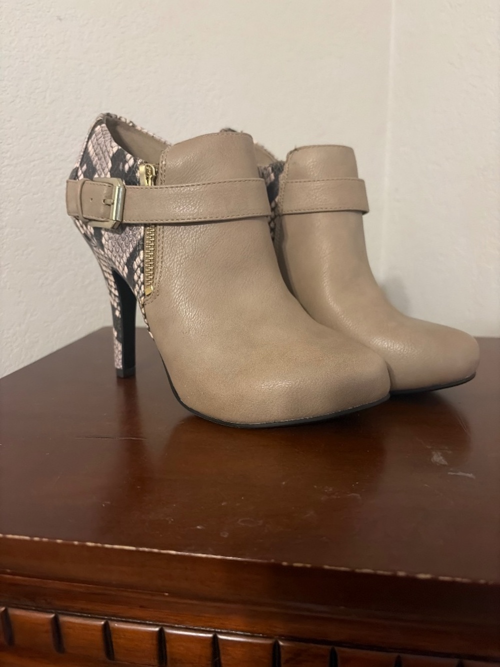Taupe and snake print booties